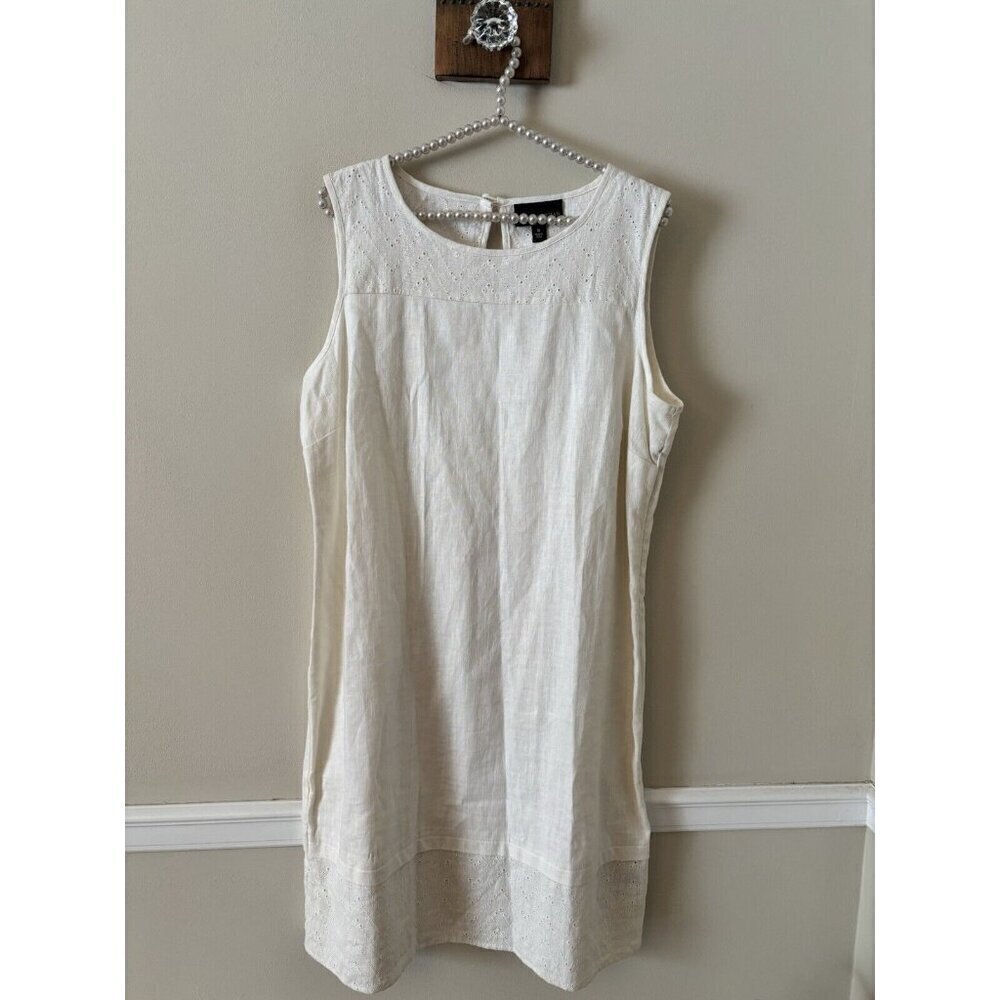 Dana Buchman Womens Size 14 Linen Blend Shift Dress Sleeveless Eyelet Lace Trim